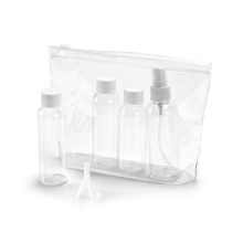 Transparante toilettas van PVC, luchtdicht en voorzien van 3 flesjes: (2 x 65 en 1 x 60 mL), 1 verstuiver (80 mL) en 1 trechter - Topgiving