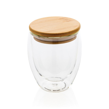 Dubbelwandige borosilicaat glas met bamboe deksel 250ml - Topgiving