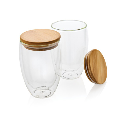 Dubbelwandig borosilicaatglas met bamboe deksel 350ml set - Topgiving