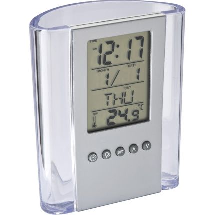 Acryl pennenhouder met klok, datum, dagaanduiding en thermometer - Topgiving