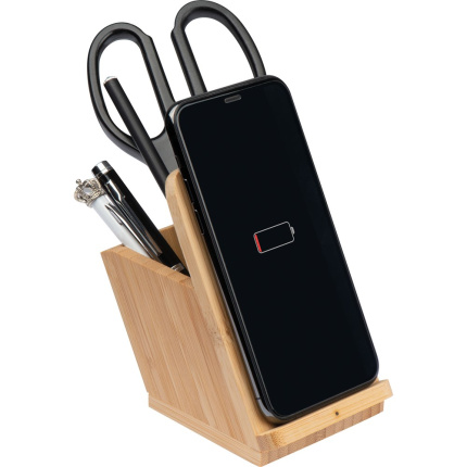 Pennehouder van bamboe met wireless charger - Topgiving