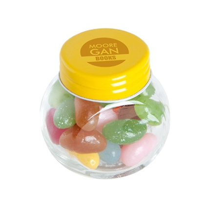 Kleine glazen pot gevuld met ca. 40 gr. jelly beans gekleurd deksel - Topgiving