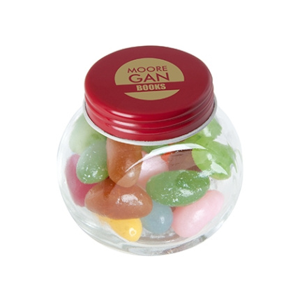 Kleine glazen pot gevuld met ca. 40 gr. jelly beans gekleurd deksel - Topgiving